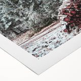 Art deco poster depicting a serene winter scene in muted blue and white tones on rolled canvas.