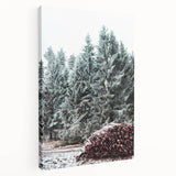 Winter landscape with snow-covered trees on stretched canvas, using a muted blue and white palette.