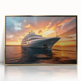 Mid-century modernist style large art print of colorful vehicles on acrylic, framed in gold, suitable for nursery wall art.