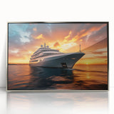 Mid-century modernist art featuring stylized vehicles in muted colors on a framed acrylic print.