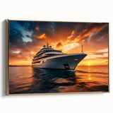 Framed canvas featuring a vintage poster of golden vehicles in a landscape, ideal for bedroom wall art.