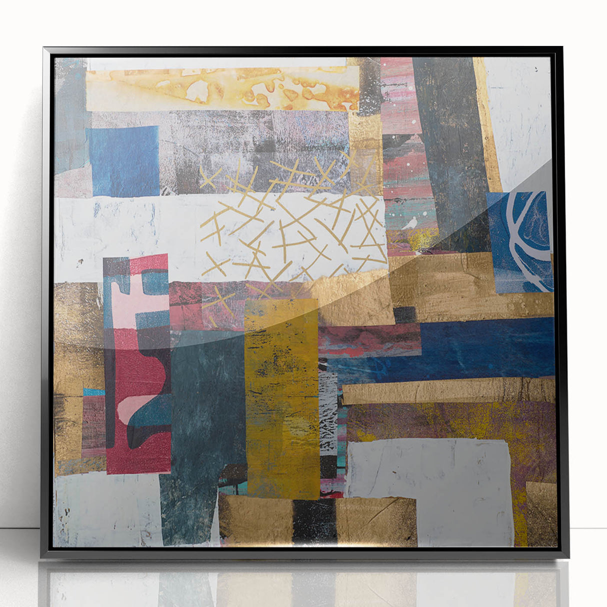 Framed abstract geometric art piece in black, showcasing bold shapes and lines, perfect for modern decor. Ideal for enhancing contemporary living spaces.