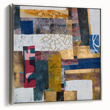 Abstract geometric framed canvas artwork with a sleek silver frame, showcasing vibrant colors and intricate patterns, ideal for modern home decor.