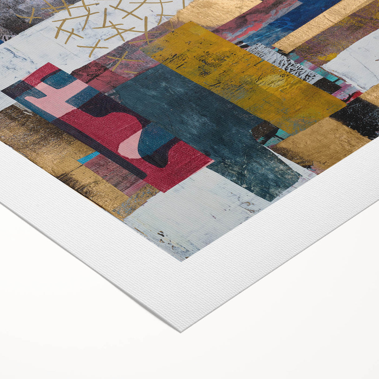 Abstract geometric rolled canvas artwork showcasing vibrant blue, orange, and yellow shapes, elegantly packaged in a protective cardboard tube for safe transport. Perfect for modern decor and art enthusiasts.