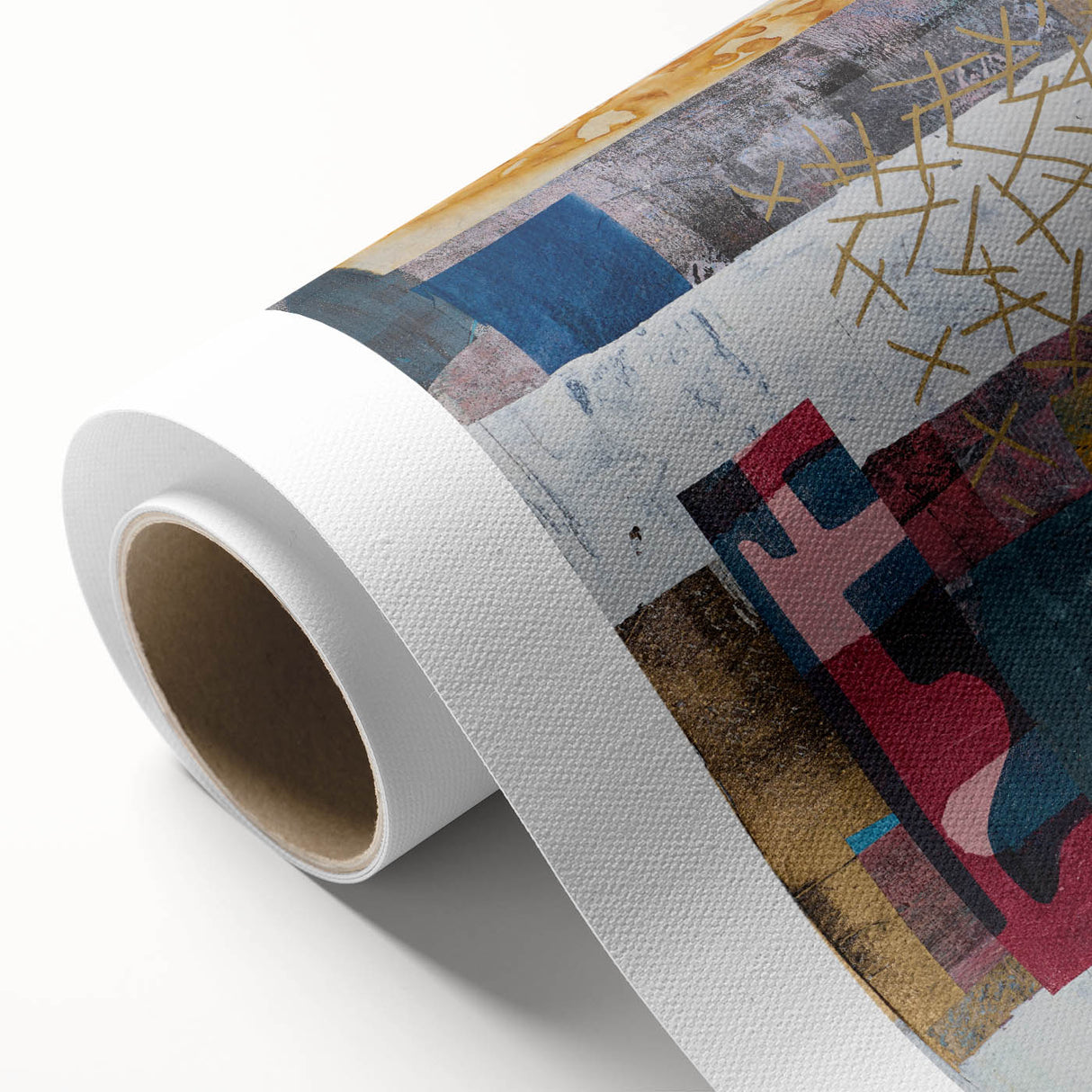 Abstract geometric design on rolled canvas showcasing vibrant colors of blue, orange, and yellow, perfect for modern home decor. Packaged securely in a cardboard tube for safe delivery.