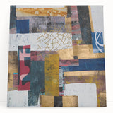 Abstract geometric stretched canvas artwork showcasing vibrant shapes and colors, leaning against a wall, perfect for modern interior decor. Ideal for adding a contemporary touch to any space.