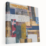 Abstract geometric stretched canvas artwork showcasing vibrant colors and intricate shapes, ideal for modern home decor. Side view highlights its depth and texture.