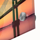 Large abstract wall art in muted earth tones on acrylic glass, featuring mid-century modernist architecture.