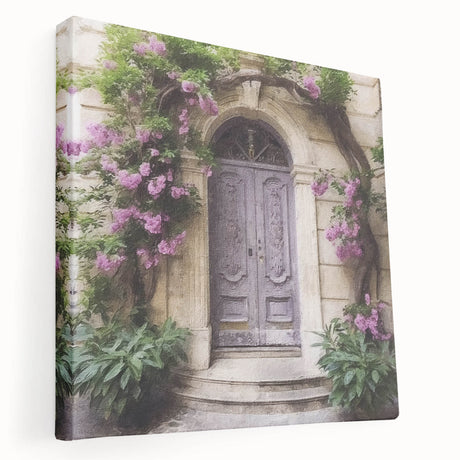 Large art print of a French door architecture on stretched canvas, featuring neutral beige and white tones.