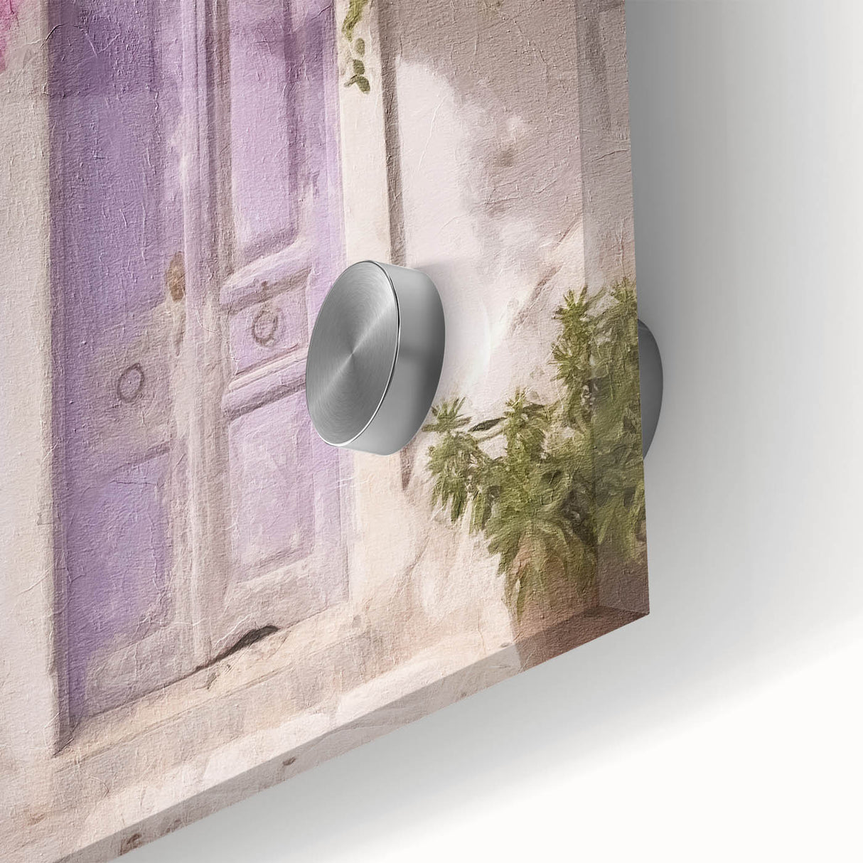 Close-up of a Greek door architecture in acrylic glass, featuring large abstract art prints in mid-century modernist style.