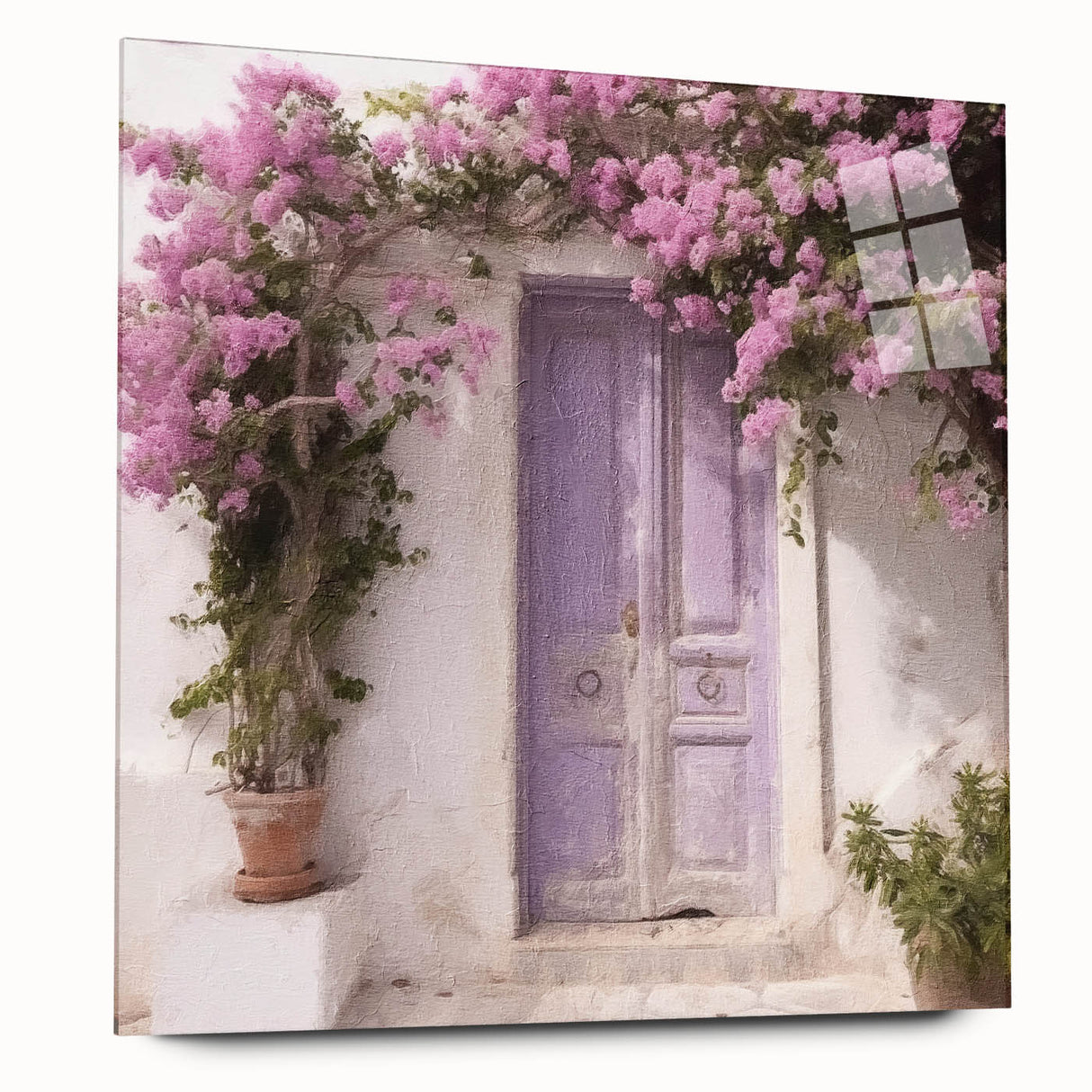 Acrylic glass print of a large abstract depiction of a Greek door in neutral tones, ideal for bedroom or dining room art.