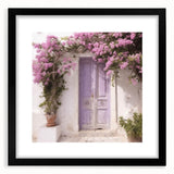 Abstract art print featuring a colorful, textured depiction of a Greek door, framed in black, ideal for living room decor.