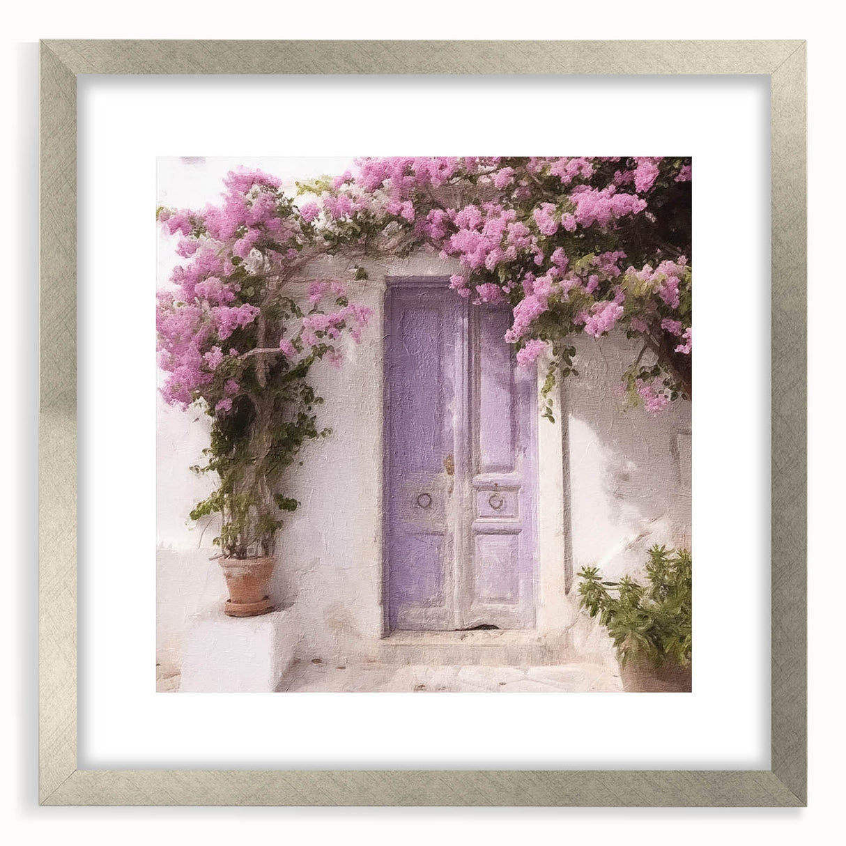 Textured art print of an abstract Greek door design in silver frame, ideal for modern bedroom ambiance.