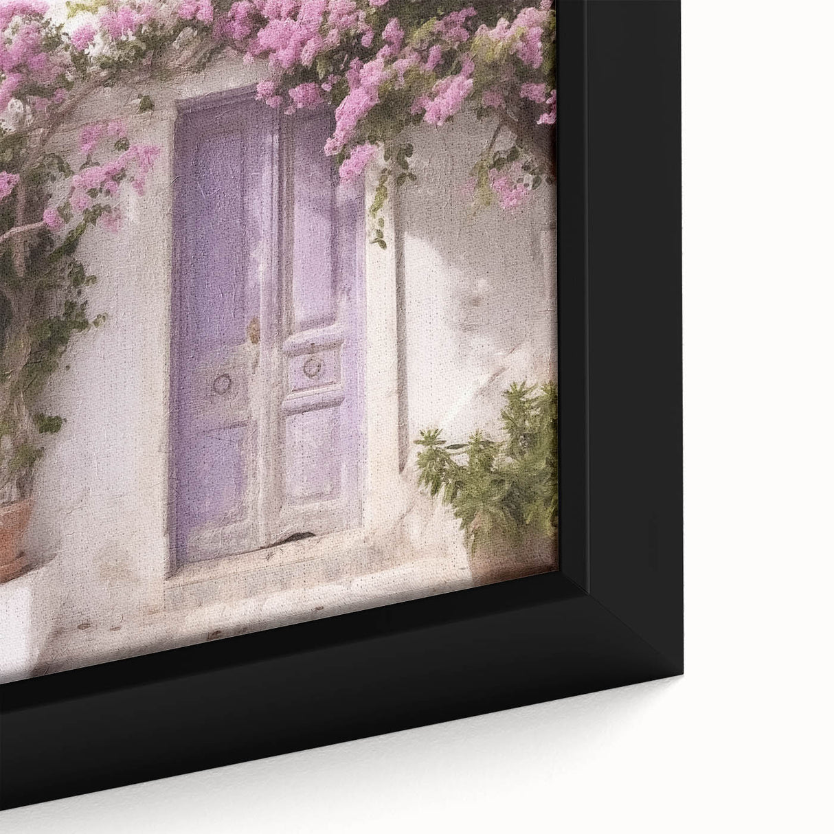 Close-up of a black framed canvas featuring a textured depiction of a colorful Greek door.