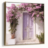 Framed canvas featuring a vintage poster of a Greek door architecture in silver and gold tones.