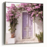 Framed canvas featuring a vintage poster of a Greek door architecture in black with colorful accents.