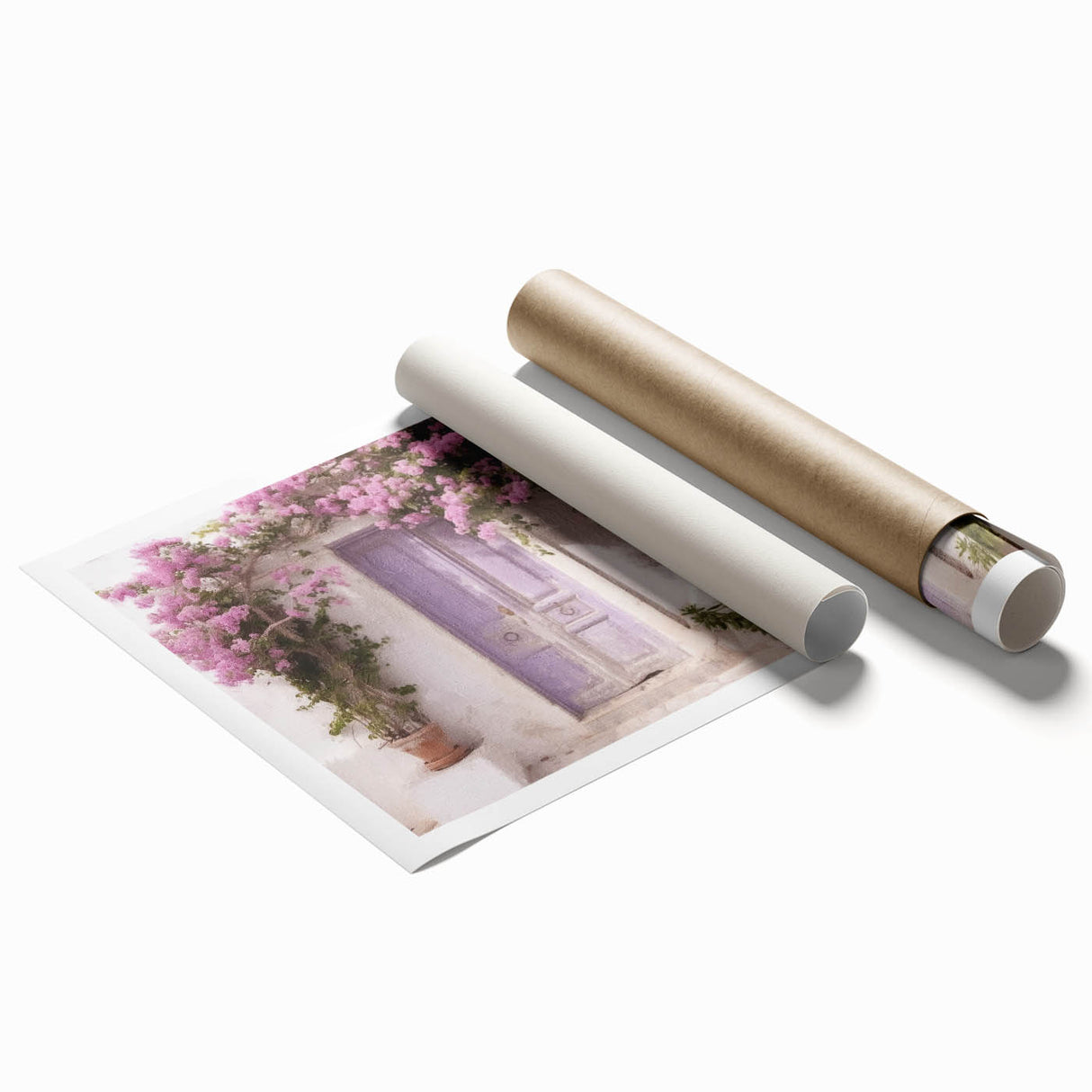 Extra large rolled print of a Greek door architecture in muted earth tones, ideal for classy bathroom wall art.