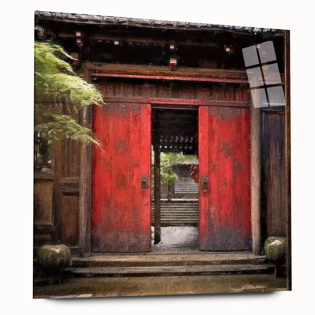 Large abstract wall art of a Japanese door design in muted earth tones on acrylic glass.