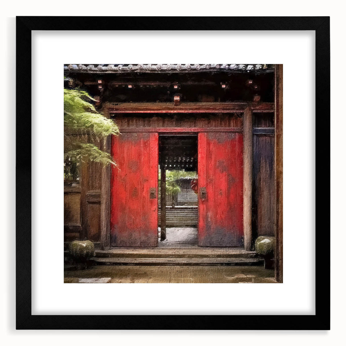 Extra large abstract art print featuring a colorful, textured depiction of a Japanese door, framed in black.