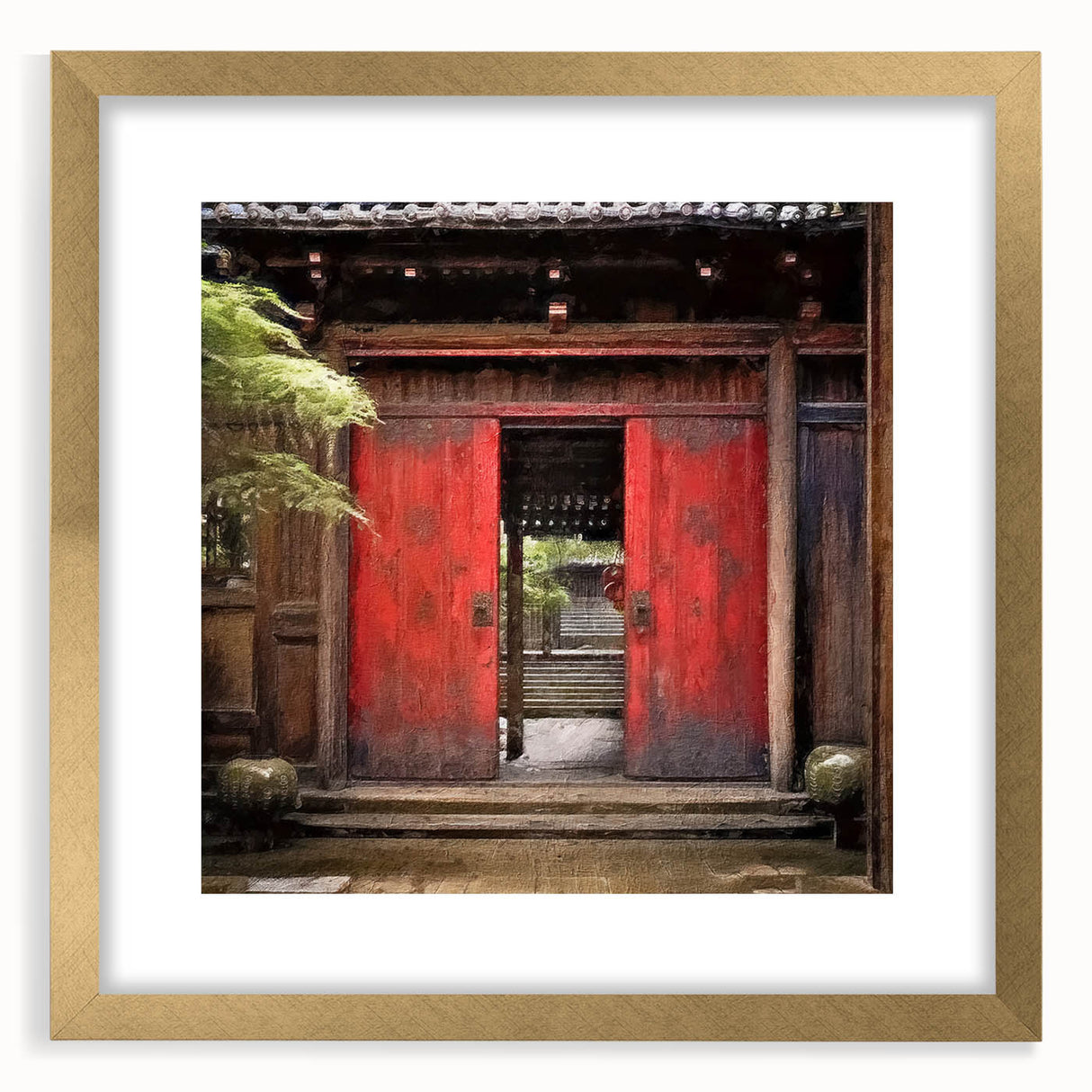 Extra large abstract art print featuring a textured Japanese door design in muted gold, ideal for living room decor.