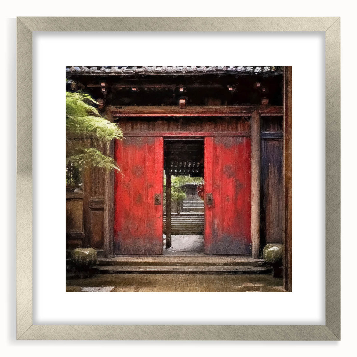 Textured abstract art print featuring a Japanese door design in silver frame, ideal for bedroom art.