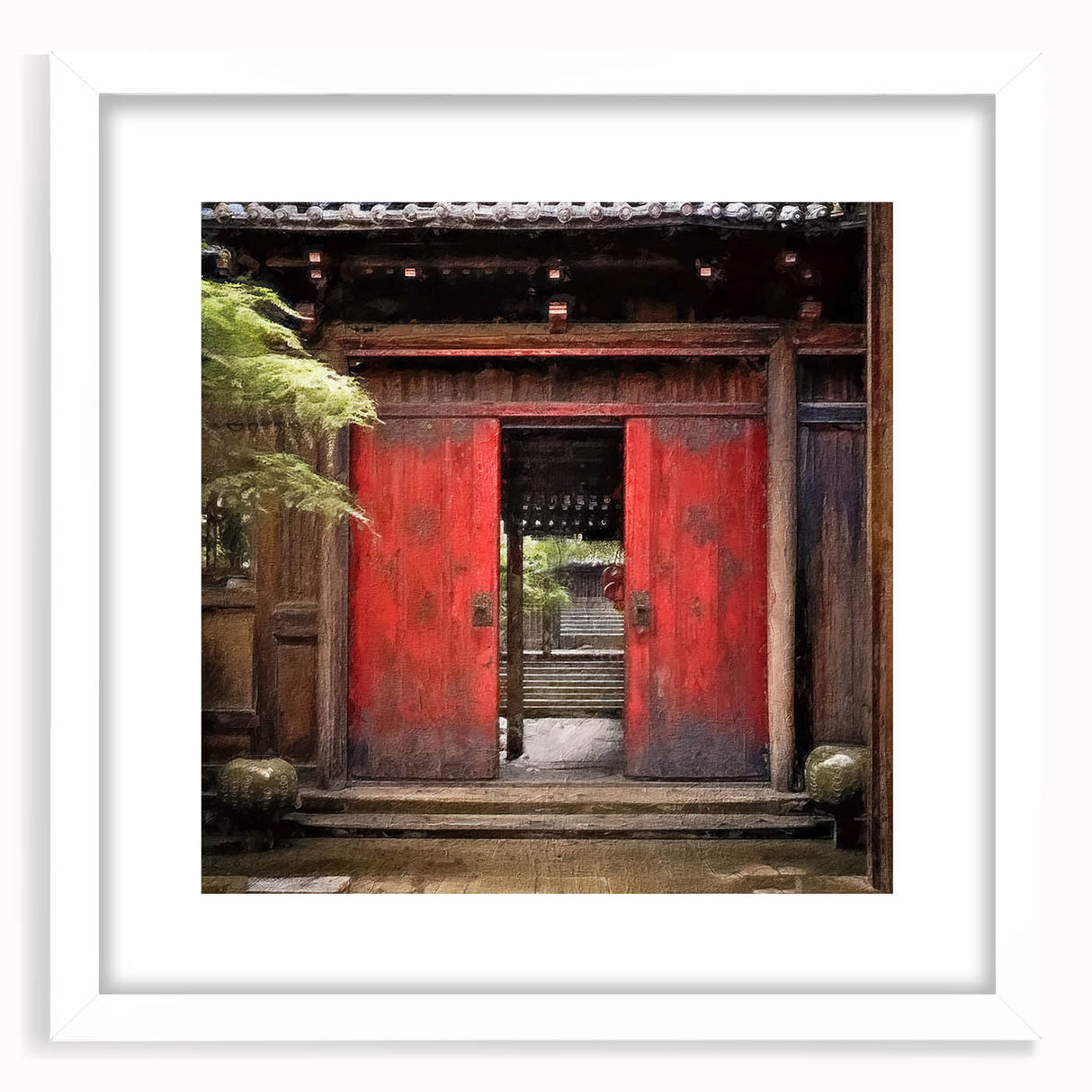 Abstract art print of a Japanese door in muted gray tones on a white framed poster, suitable for dining room decor.