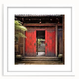 Abstract art print of a Japanese door in muted gray tones on a white framed poster, suitable for dining room decor.