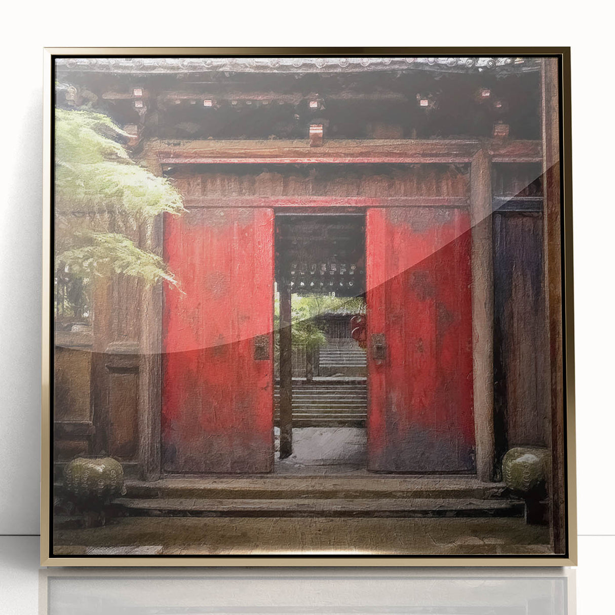 Mid-century modernist Japanese door design in gold and black tones on a framed acrylic, ideal for modern art wall decor.