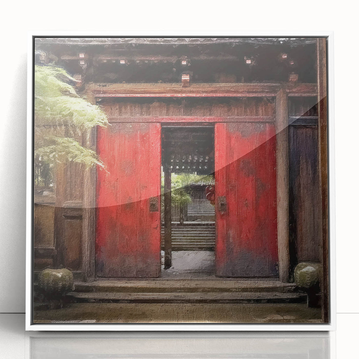 Art deco poster featuring a Japanese door design in muted earth tones on framed acrylic, ideal for modern art wall decor.