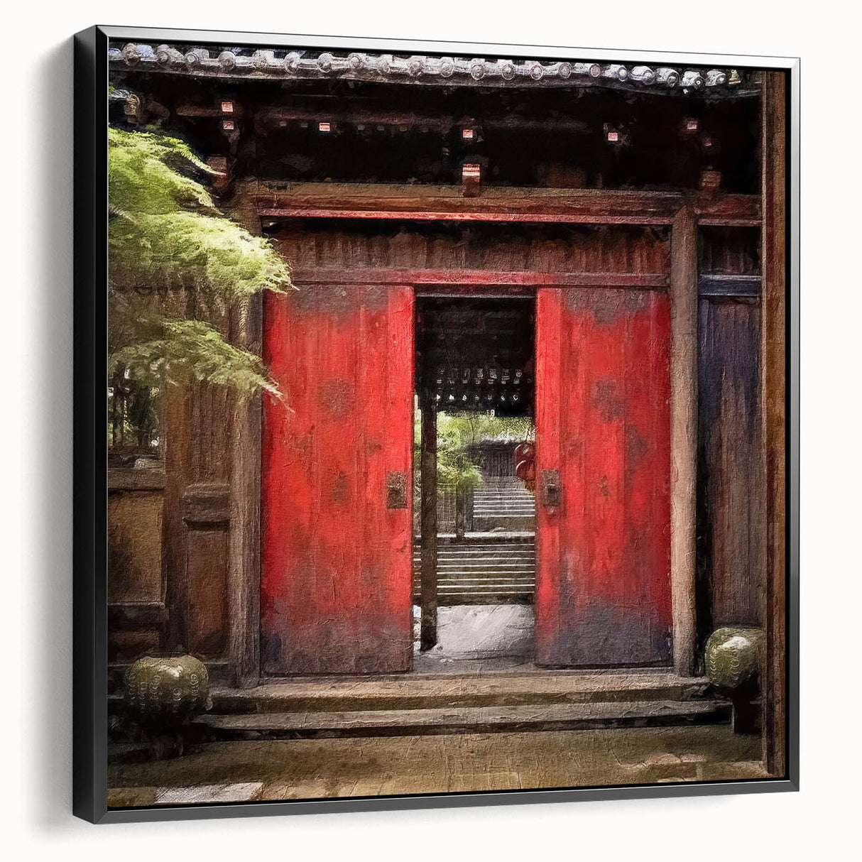 Black and white vintage poster art of a Japanese door on framed canvas, ideal for bedroom wall decor.