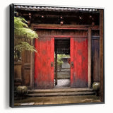 Black and white vintage poster art of a Japanese door on framed canvas, ideal for bedroom wall decor.