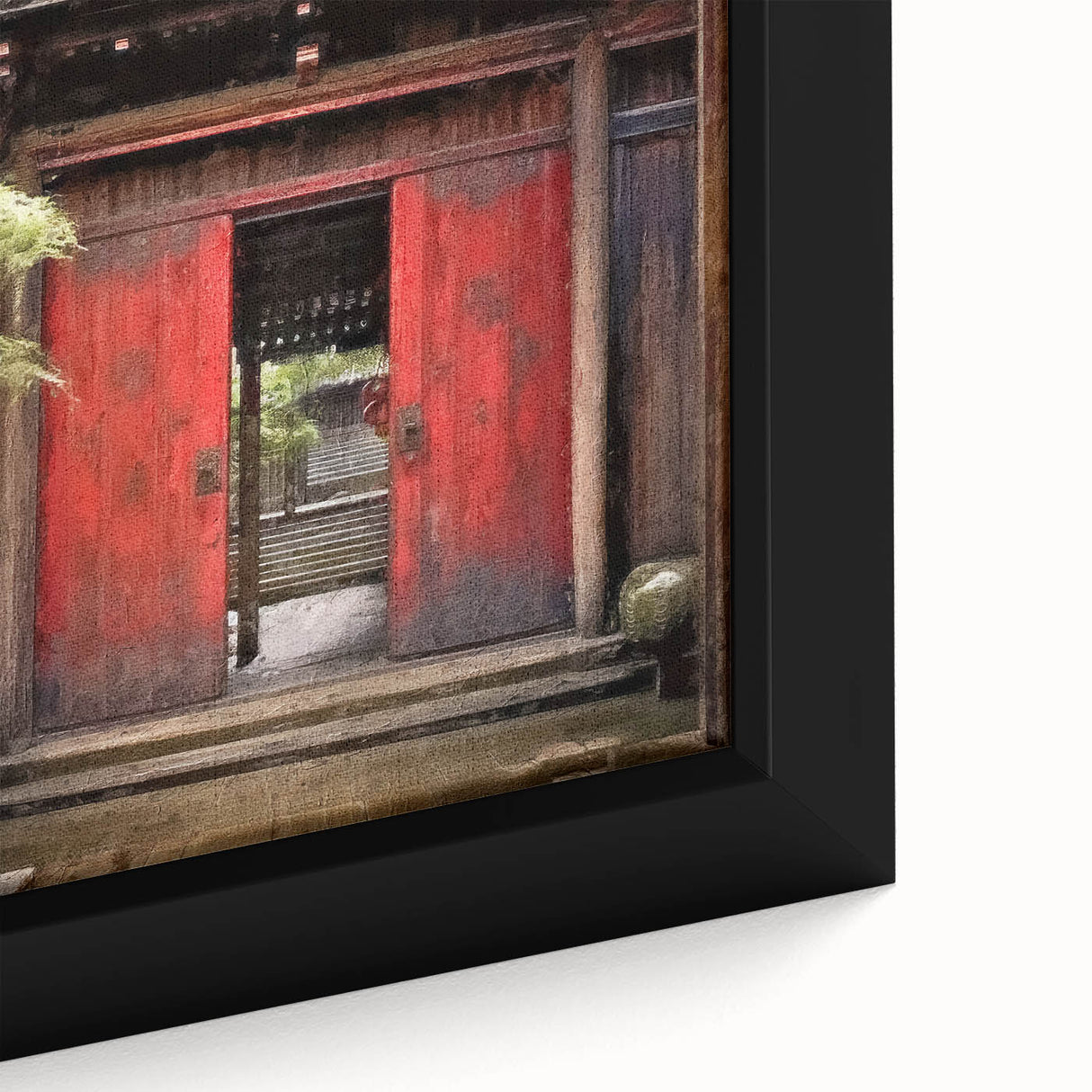 Close-up of a black framed canvas featuring a textured, colorful Japanese door design, suitable for living room decor.