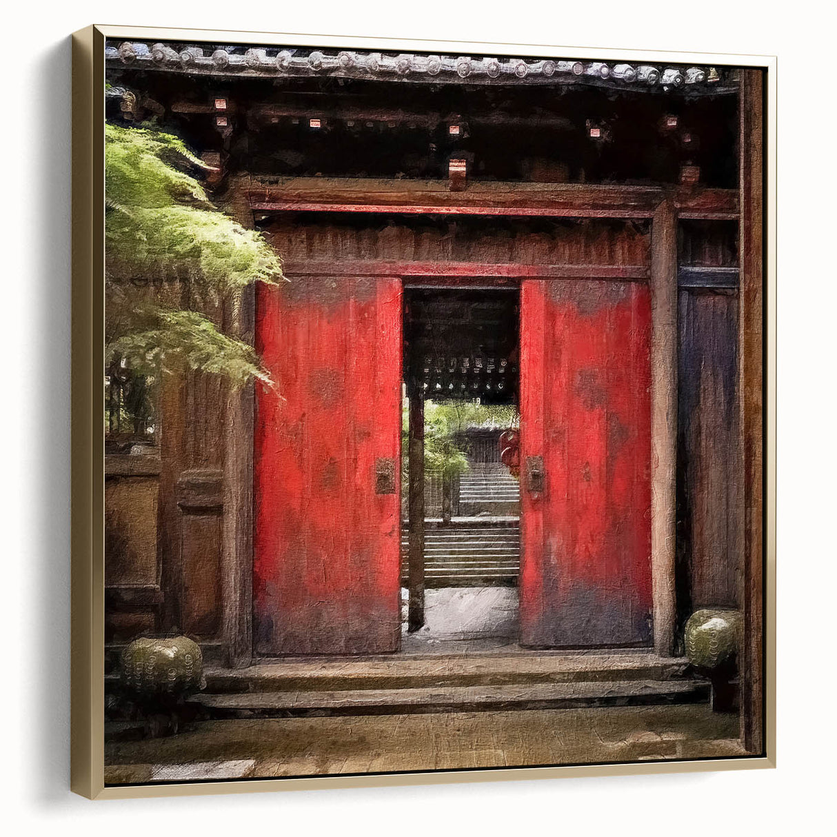 Framed canvas depicting a vintage Japanese door in silver and gold tones, suitable as wall art for a bedroom.
