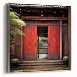 Framed canvas depicting a vintage Japanese door in black with colorful accents.