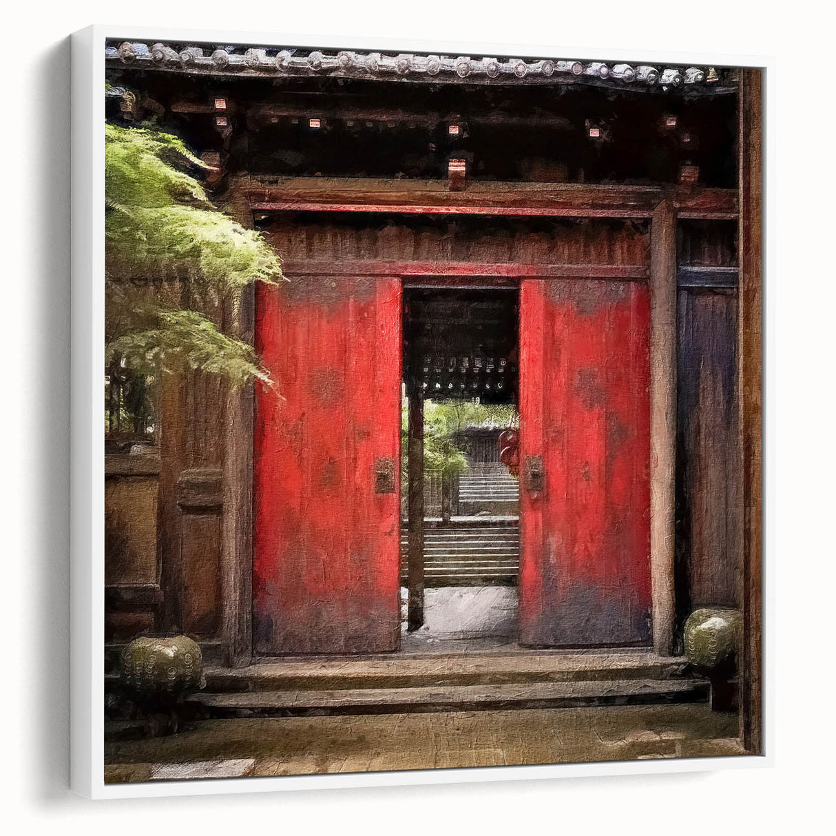 Vintage poster art of a Japanese door in colorful hues on a white framed canvas, ideal for living room decor.