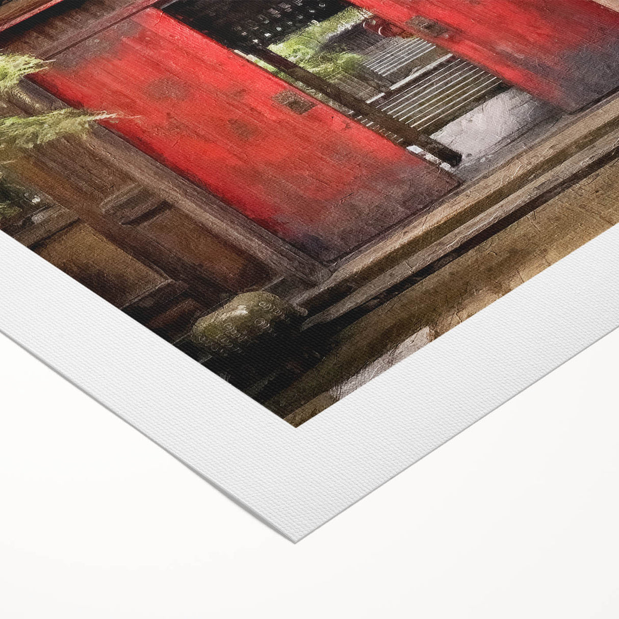 Art deco poster depicting a Japanese architecture door in muted earth tones on rolled canvas.
