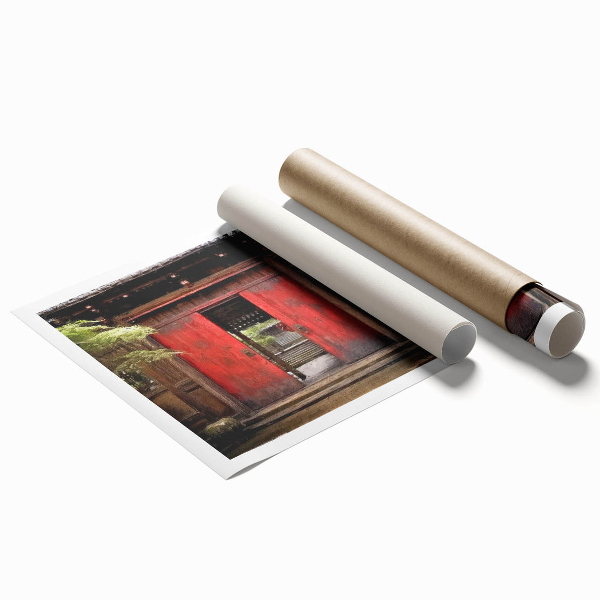 Japanese-style door design in muted earth tones on a large rolled canvas, suitable for classy bathroom or living room decor.