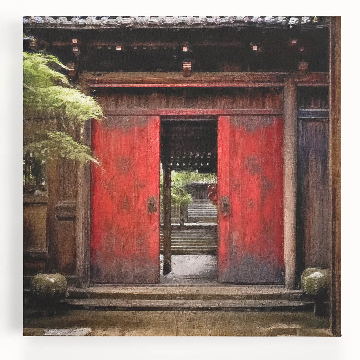 Black and white photo of a Japanese door on stretched canvas, ideal for kitchen wall art.