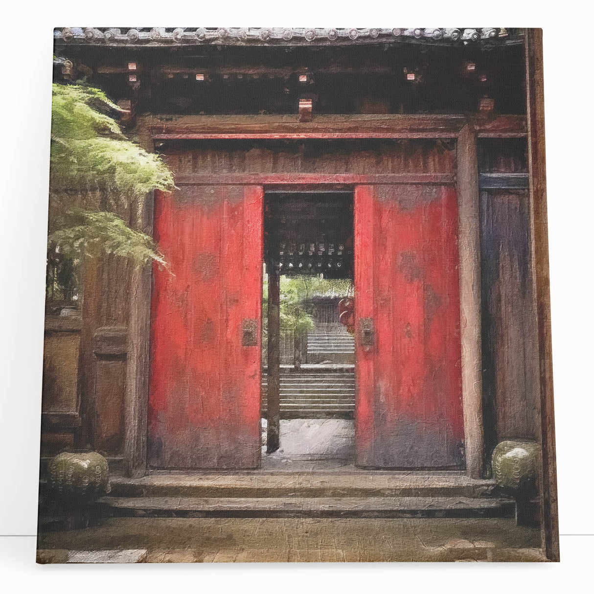 Black and white photo of a Japanese door design on stretched canvas, ideal for kitchen wall art or bedroom decor.