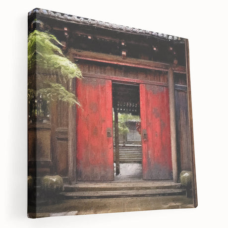 Japanese door architecture depicted in muted earth tones on a large stretched canvas, suitable for kitchen wall art.