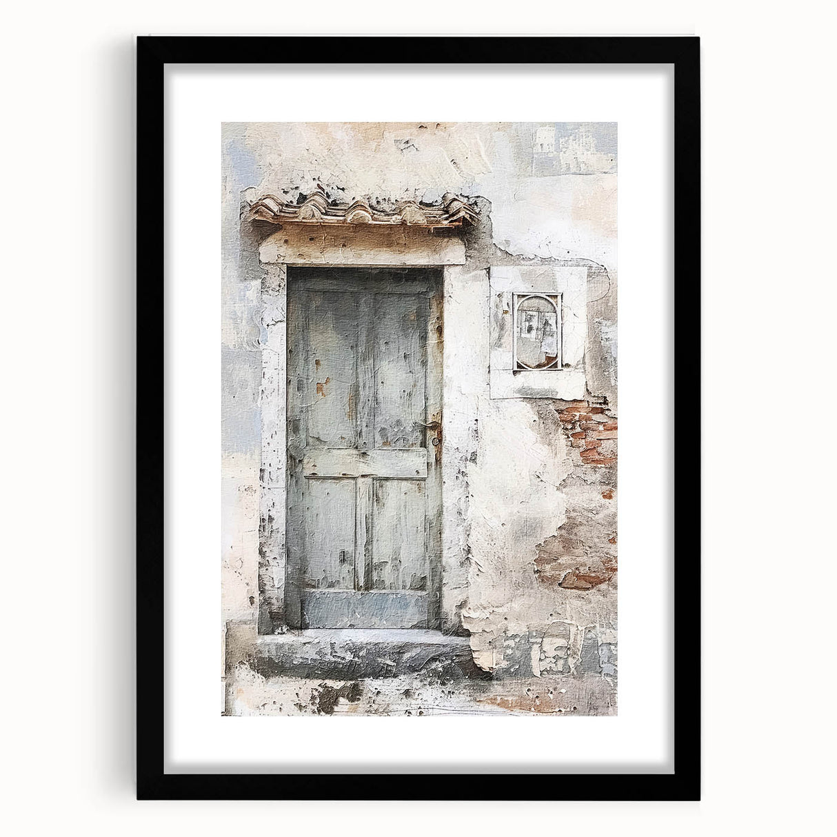 Extra large framed wall art of a rustic Italian door in vibrant, colorful textures, ideal for living room decor.