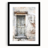Extra large framed wall art of a rustic Italian door in vibrant, colorful textures, ideal for living room decor.