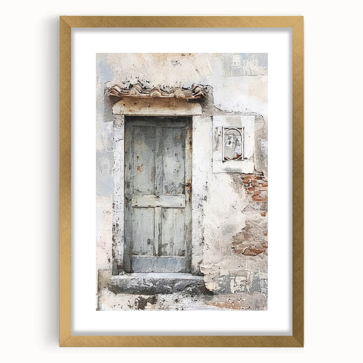 Extra large framed wall art featuring a rustic Italian door design with textured details in earth tones.