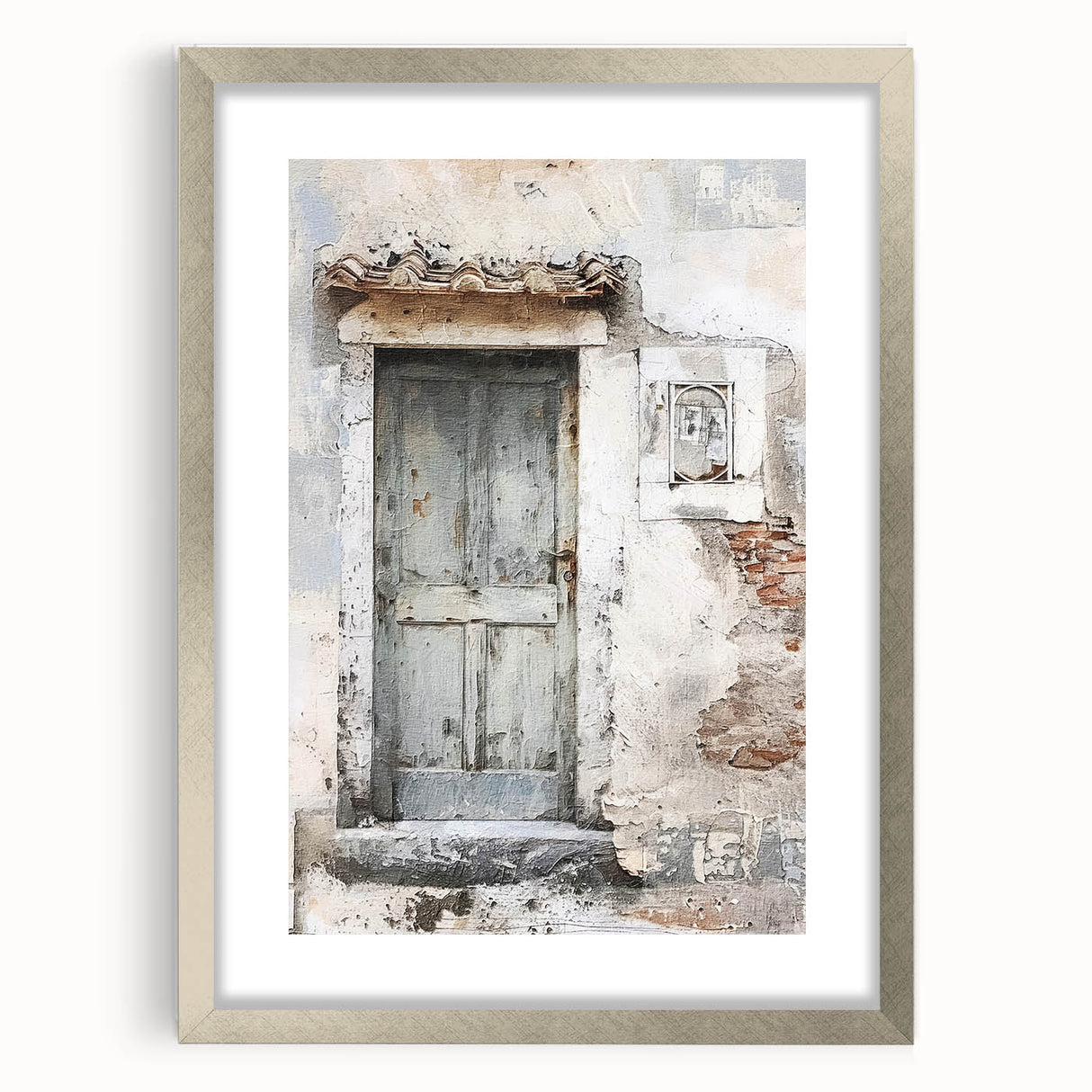 Textured art depicting a rustic Italian door, in muted earth tones on a framed canvas, suitable for bedroom decor.