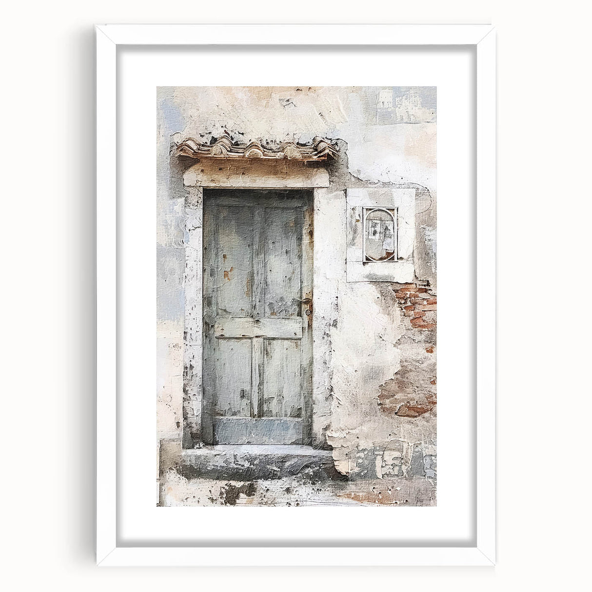 Abstract art print of a rustic Italian door in muted earth tones, framed with a white mat, ideal for dining room decor.