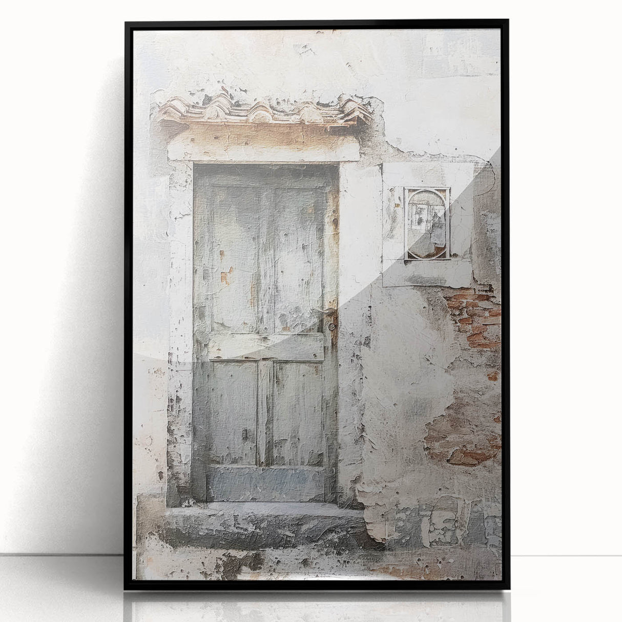 Large abstract wall art depicting a rustic Italian door, framed in black acrylic, suitable for modern art wall decor.