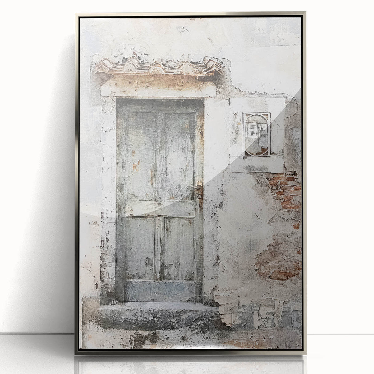 Mid-century modernist art depicting a rustic Italian door in muted earth tones on a framed acrylic panel.