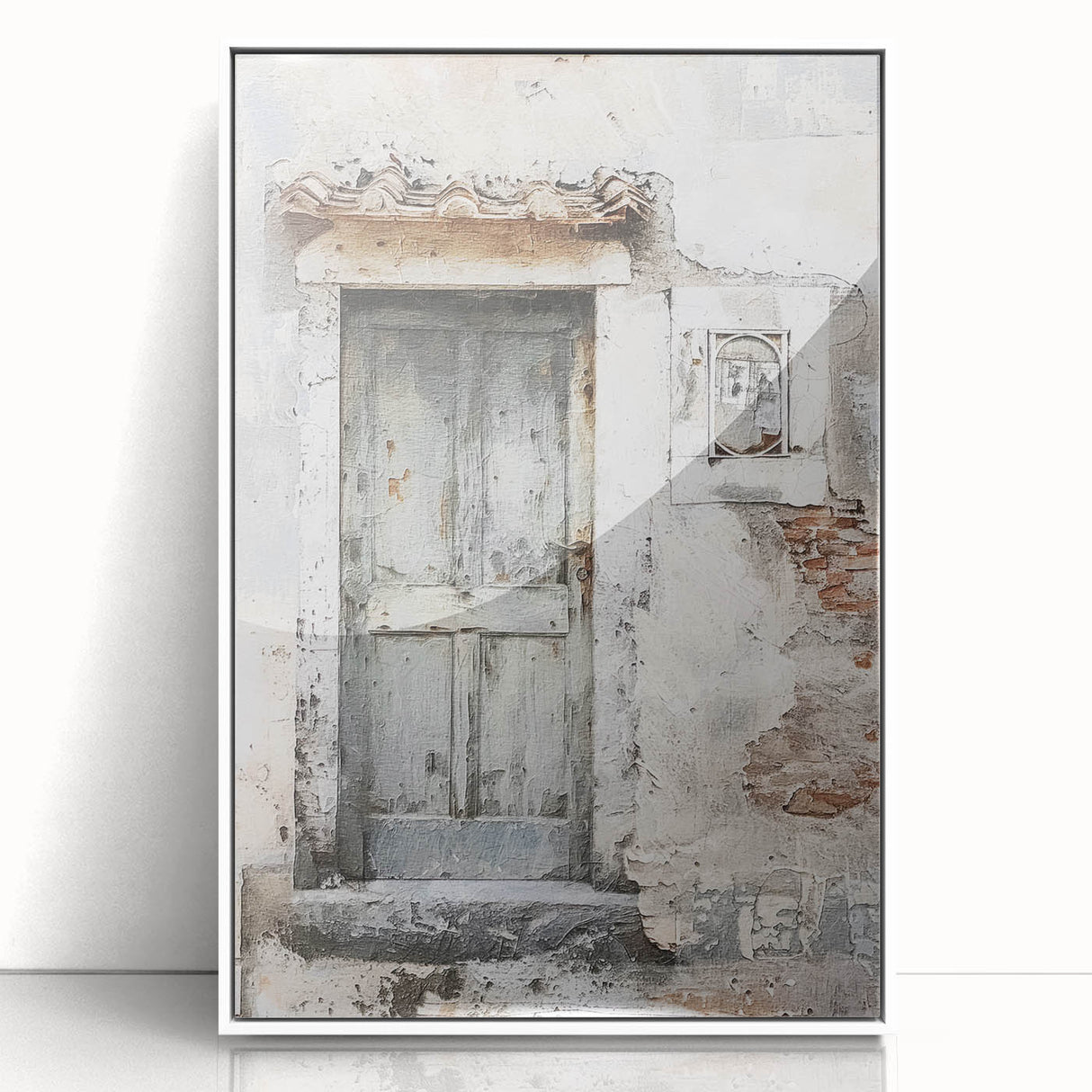 Framed acrylic print of a rustic Italian door in muted earth tones, suited for modern art wall decor.
