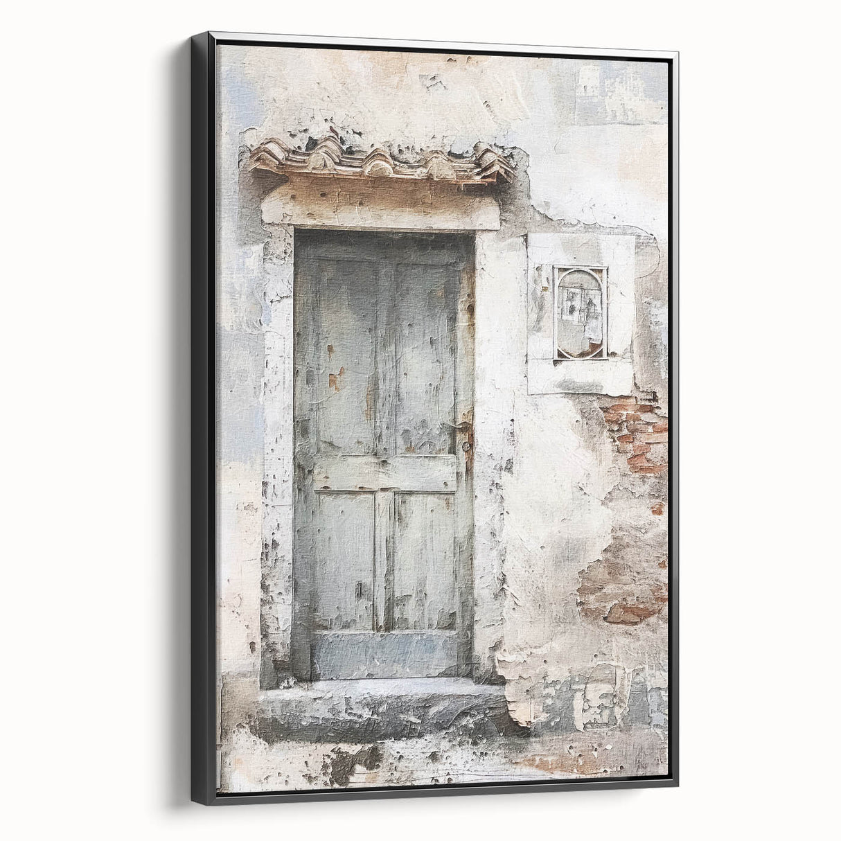 Black and white framed canvas featuring a rustic Italian door, ideal for vintage bedroom decor.