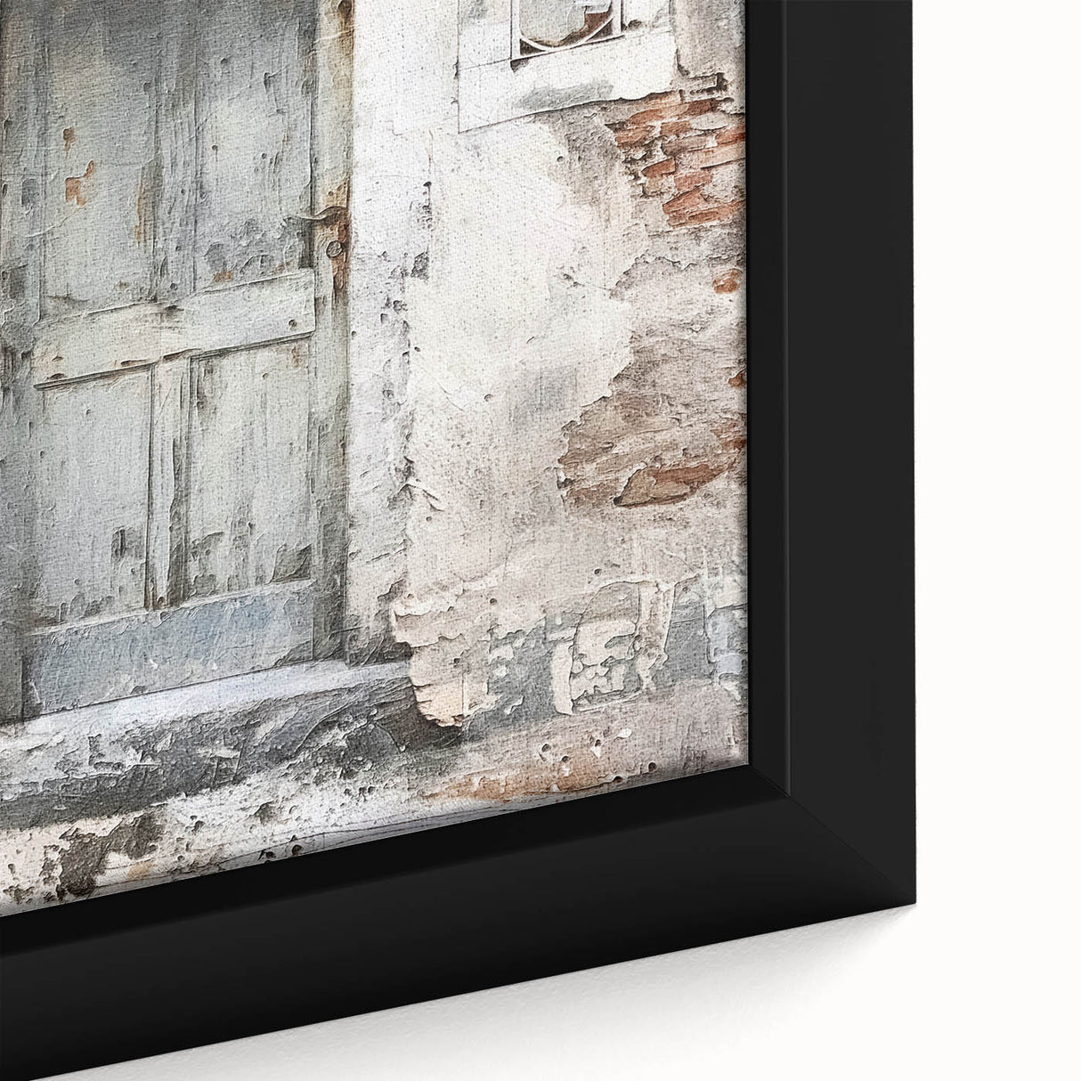 Close-up of a rustic Italian door on black framed canvas, featuring a textured, colorful art style.